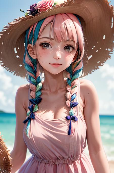 <lora:caomao:0.8>1girl, hat, solo, braid, twin braids, flower, straw hat, looking at viewer, freckles, multicolored hair, pink hair, pink flower, upper body, breasts, hat flower, bare shoulders, long hair