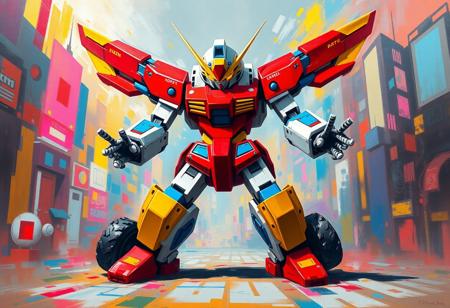 A powerfully expressive, surreal painting of the Robot Buster Destruction Sword, centrally located with abundant surrounding space, embodying vivid emotions and a joyful impact. Predominantly red and white with striking blue and yellow accents, its red body, white head and arms, blue legs with yellow feet, and white head with a yellow visor are rendered with artistic flair, influenced by Raphael Style and Houdini Style. Its outstretched arms, equipped with black wheels, and slightly bent limbs, convey a dynamic, ready-to-move stance and a powerful message. The vibrant Virtual World City background is abstract and multi-colored, with stunning colors and harmonious hues creating an attractive, almost dreamlike backdrop. High-res, exceptional quality, super detailed visor and form. Captivating lighting casts a unique glow. Impeccable composition, creative angle, balanced editing, intentional focus, no discernible text. Golden Ratio.
