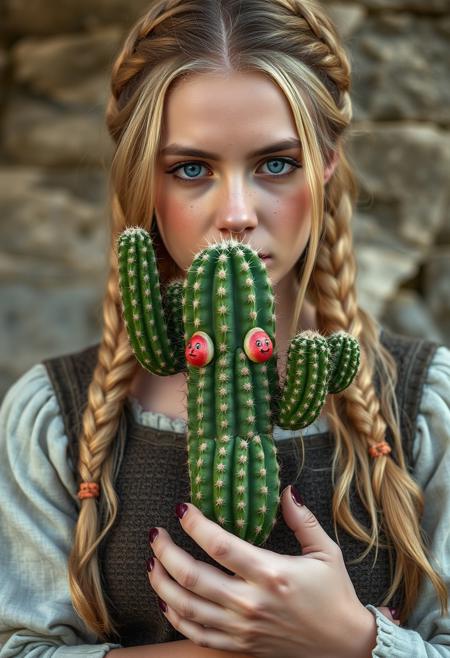 realistic photography of a cute cactus plant with face in the arms of a french women with blonde hair, freckles face, braids, medieval style