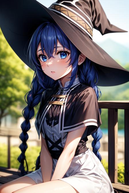 best quality, masterpiece, 1girl, (solo:1.1), raytracing, ultra detailed,detailed face, 8k wallpaper, (wide hips:0.8), <lora:more_details:0.5>, RoxyMigurdiaNDV, 1girl, blue hair, blue eyes, small breasts, long hair, hair between eyes, twin braids, capelet, white dress, witch hat, outdoor,  <lora:RoxyMigurdiaNDV:0.7>, sitting