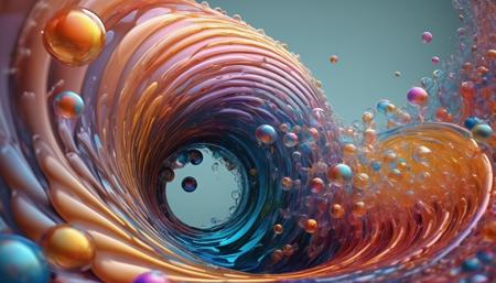 3D render abstract, curves, streamline, dynamic, splash, bubbles, spiral, fractal, Fibonacci, interdimensional, (vibrant:1.2), waves, complex, rhythm, surreal, refractions, rippling effect, translucent caustic effect
