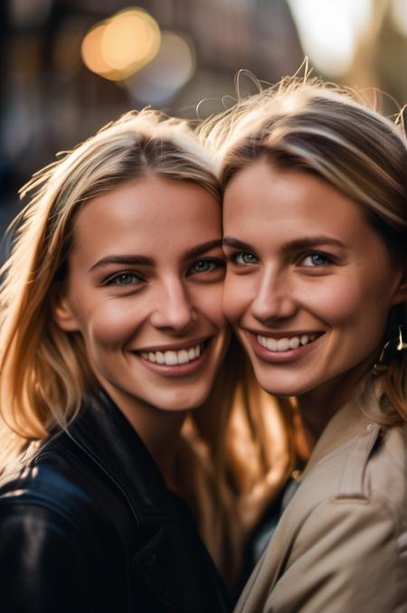 In an endearing close-up photograph, two close young european woman, with radiant smiles and sparkling eyes, stand cheek to cheek, looking directly at the viewer. The genuine bond between them is evident in their warm expressions. The background, beautifully blurred through a high depth of field, accentuates the focus on their heartfelt connection. Captured in a Photographic style with a 50mm prime lens, ensuring exquisite facial details and a natural perspective that brings out the authenticity of their friendship.  two european woman <lora:faces_v1:0.05>