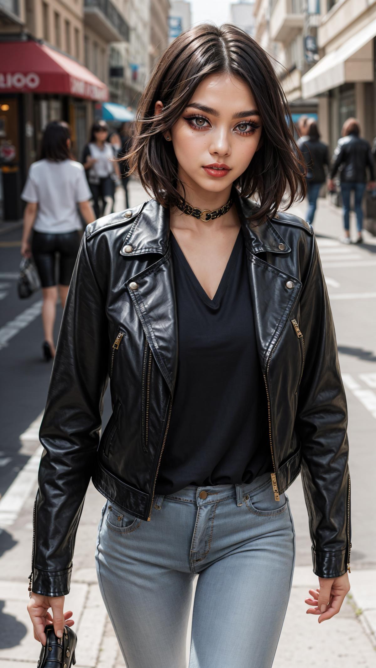 A woman in a black leather jacket and jeans walking on the street.