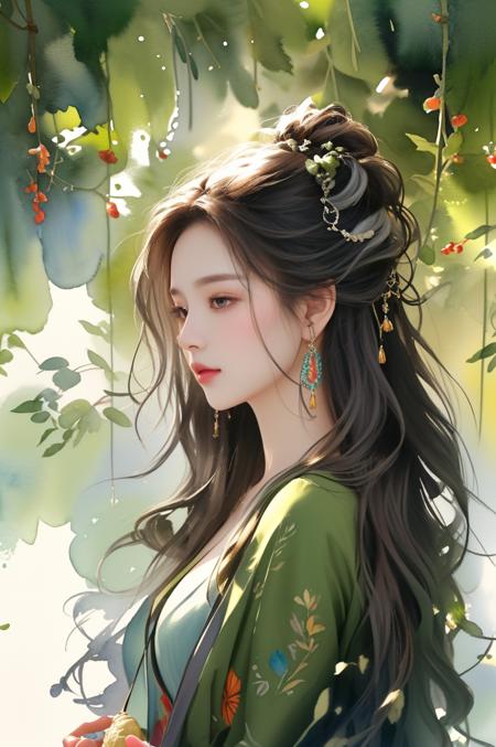 Watercolor painting huge filesize,colorful,wallpaper,(masterpiece,best quality,niji style),profile,1girl,disgust,jitome,contempt,((long hair)),light gray hair,wavy hair,(realistic:1.1),Olive gradient background,gradient background,. Vibrant,beautiful,painterly,detailed,textural,artistic,