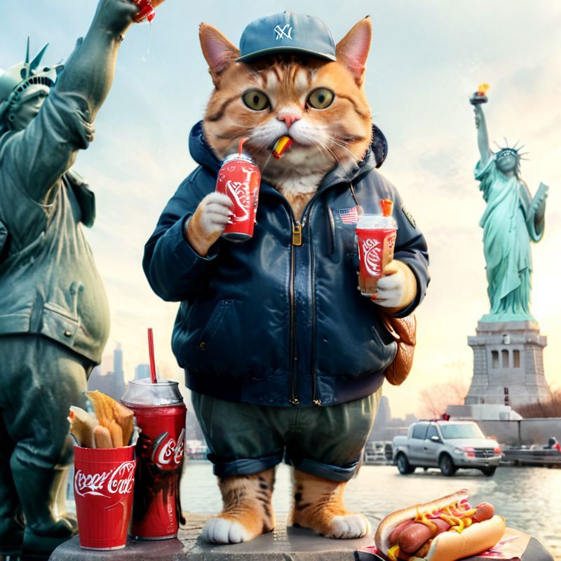 A Statue of Liberty with a large cat holding a hot dog and drinks.