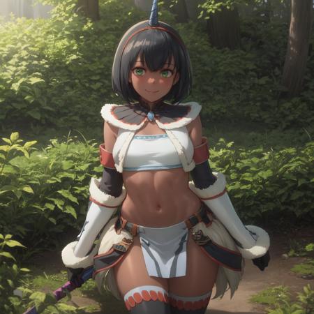 masterpiece, illustration, 8k, realistic shadows, volumetric lighting, cute, ambient lighting, colorful, cowboy shot, textured skin, shiny skin, blush, beautiful  detailed shadows, hyperrealistic, realistic, ultra realistic, smile
1girl, solo, kirin (armor), midriff, boots, horn, gloves, forest, sword, dark forest, hairband, standing, dynamic pose, fur-trimmed, sitting, night, black hair, bob cut, hair between eyes, green eyes, dark skin