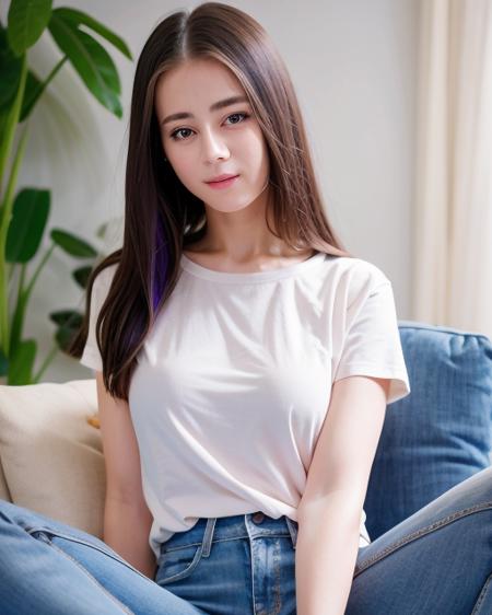 best quality, ultra high res, girl, upper body, white shirt, jeans, indoors, head tilt, sitting, hand between legs