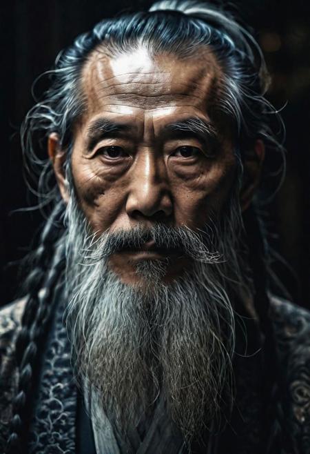 wise old japanese man with a long beard, intricate, sharp focus, fantasy, cinematic lighting, other worldy, surreal 8k photo, dark moody aesthetic, realistic skin texture, 8k, UHD, masterpiece