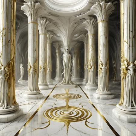 cstatuesdxl, imagine, realistic, gloomy and dirty atmosphere, futuristic alien made of marble and gold, anthropomorphic extraterrestrial cybernetic, beings with white and gold marbled skin, (style of Hans Ruedi Giger:1.2), scene from an unreal dream in metallic and wet white colors, amplifying the surreal energy of the alien environment, There is no furniture, just intricate columns and doors, the decoration is grotesque style with organic shapes.