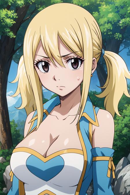 <lora:anime_screencap_v2:0.3> tall body, tall, long legs, mature female, mature, adult, <lora:GoodHands-beta2:1.4>,
 <lora:eft_fairytail_lucy-02:1> , EFT_Fairytail_Lucy, lucy heartfilia, 1girl, breasts, blonde hair, solo, cleavage, brown eyes, twintails, large breasts, day, looking at viewer, outdoors, sky, upper body, detached sleeves, long hair, frown, tree, collarbone, closed mouth, hair between eyes