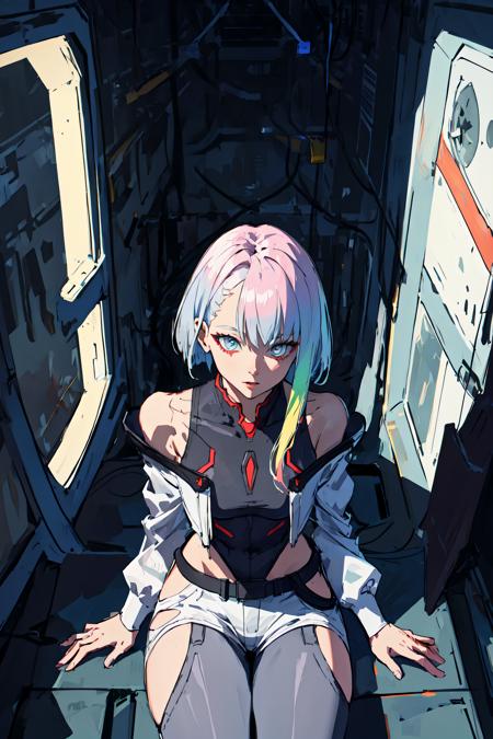 highres, highest quallity, illustration,  ultra detailed, (detailed face), (detailed eyes), cinematic lighting, best quality, hyper detailed, masterpiece, 1girl, solo, grey eyes, short hair, multicolour hair, asymmetrical hair, belt, jacket, off shoulder, bodysuit, detached sleeves, hip vent, luminous eyes, medium breasts, (colorful), upper body, from above, sitting, looking at viewer, indoors, inside a spaceship, futuristic, window <lora:lucyCyberpunk_35Epochs:0.7>