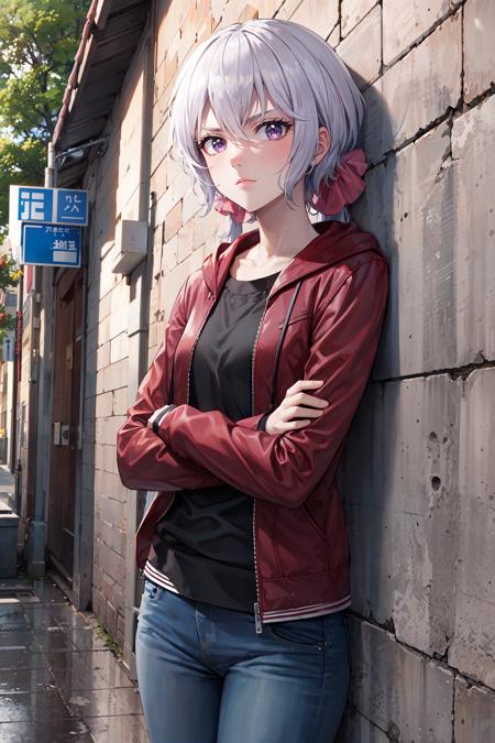 masterpiece, best quality, cowboy shot, looking at viewer, expressionless, chris yukine, long hair, low twintails, scrunchie, leather jacket, jeans, crossed arms, leaning back, against wall, outdoors, overcast, rain, street, <lora:chris_yukine_v1:0.9>