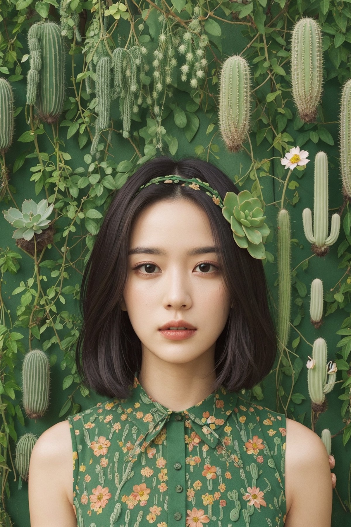 The portrait shows a woman wearing a green dress adorned with cactus-shaped patterns. She is surrounded by a collection of...
