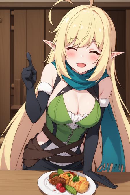 halkara
<lora:HalkaraV2:0.76>
1girl, :d, ^_^, ahoge, bangs, black_gloves, blonde_hair, breasts, cleavage, closed_eyes, elf, eyebrows_visible_through_hair, facing_viewer, food, fork, gloves, green_scarf, index_finger_raised, long_hair, medium_breasts, open_mouth, pointing, pointy_ears, scarf, smile, solo