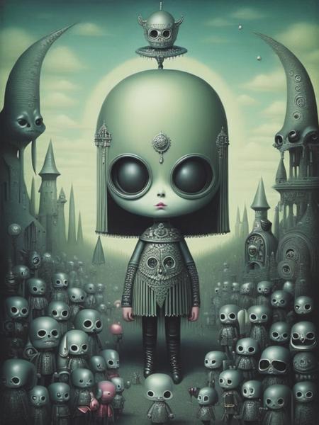 <lyco:MarkRyden:1.0> bright colored pastel goth mark ryden hr giger progressive metal album art