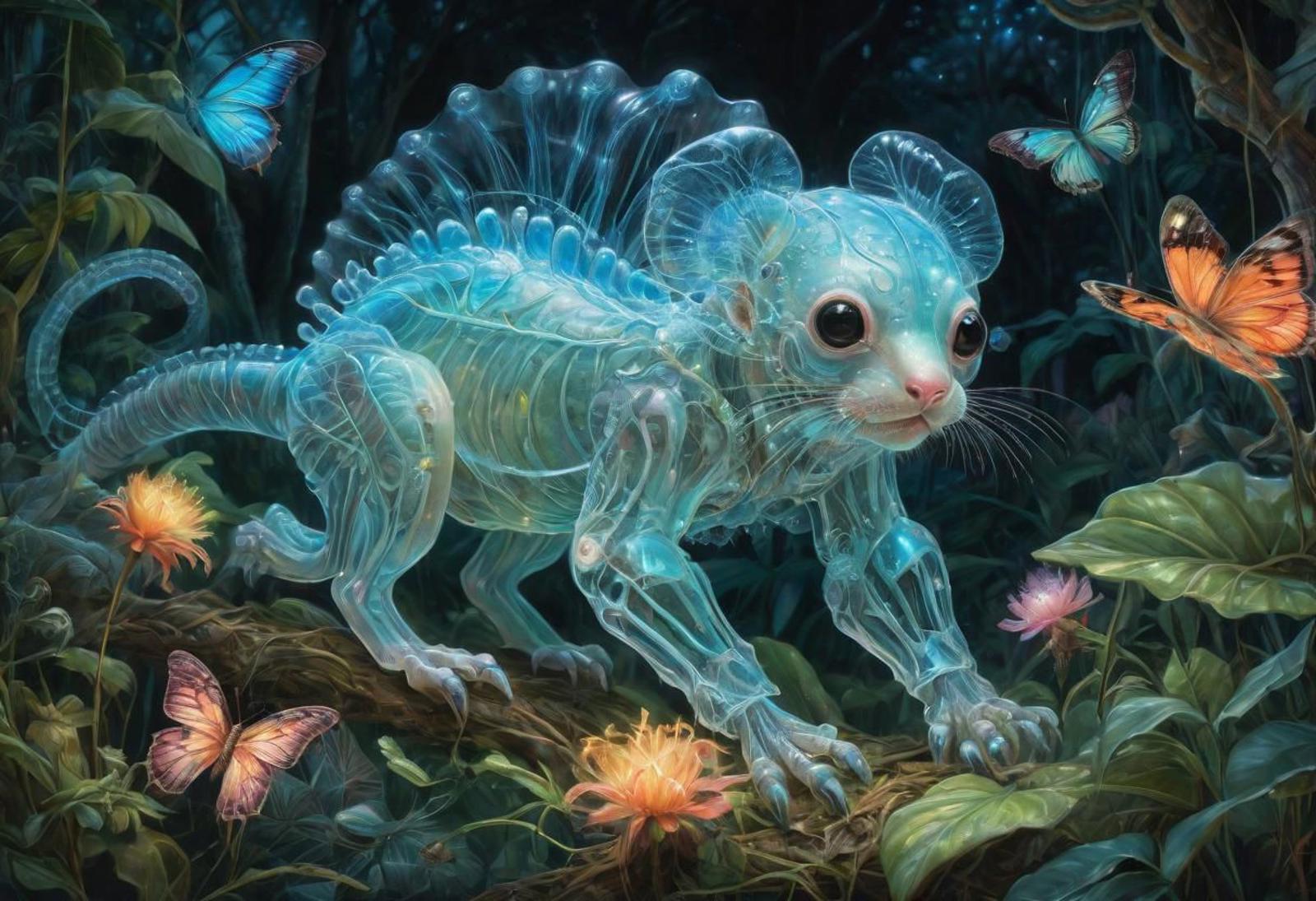 A blue, translucent, glow-in-the-dark kitty cat with butterfly wings and a flower in its mouth, surrounded by butterflies.