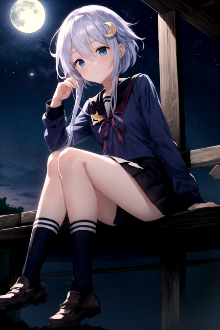 <lora:YayoiKancolle:0.85>, (short hair with long locks:1.1), crescent hair ornament, blue eyes, black serafuku, long sleeves, pleated skirt, hair between eyes, black sailor collar, white purple hair, (midriff:0.5), sitting, park, night sky, galaxy, (best quality, masterpiece:1.4), 1girl