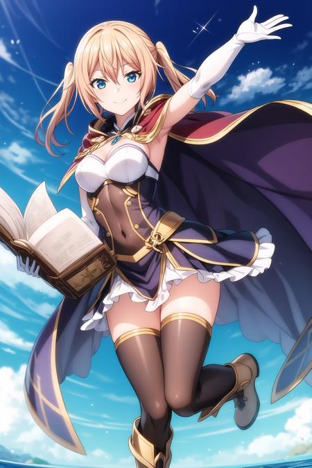 1girl, bangs, dark blue eyes, blonde hair, hair between eyes, medium hair, looking at viewer, smile, solo, twintails, homare_onishima, armor, book, boots, breasts, cape, dress, floating object, full body, gloves, holding, holding book, looking away, medium breasts, navel, open book, shiny, solo, thighhighs, white gloves, zettai ryouiki, <lora:add_detail:0.7>