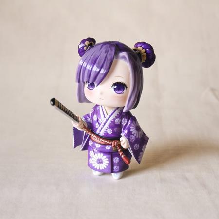 <lora:vallavica_animals:1.2>, vallavica_animals, porcelain animal, ceramic figurine, chibi, cute,  hakama, japanese clothes, kataginu, katana, kimono, long hair, obi, ponytail, purple eyes, purple hair, samurai, solo, sword, very long hair, violet eyes, weapon