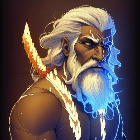 evang, painted portrait of rugged zeus, god of thunder, greek god, white hair, masculine, mature, handsome, upper body, muscular, hairy torso, fantasy, intricate, elegant, highly detailed, digital painting, artstation, concept art, smooth, sharp focus, illustration, art by gaston bussiere and alphonse mucha