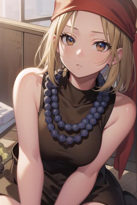 anna kyouyama, blonde hair, short hair, (brown eyes:1.5), bandana, beads, black dress, dress, prayer beads,