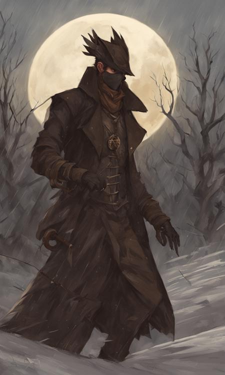 concept art hunter, solo, looking at viewer, red eyes, 1boy, hat, male focus, artist name, coat, black headwear, mask, chain, border, mouth mask, hunter (bloodborne) , bloodborne, fighting, complex background, high detail, 3d art, weapon, artsy, stylized, giant red moon, wallpaper, snow, depth in field . digital artwork, illustrative, painterly, matte painting, highly detailed