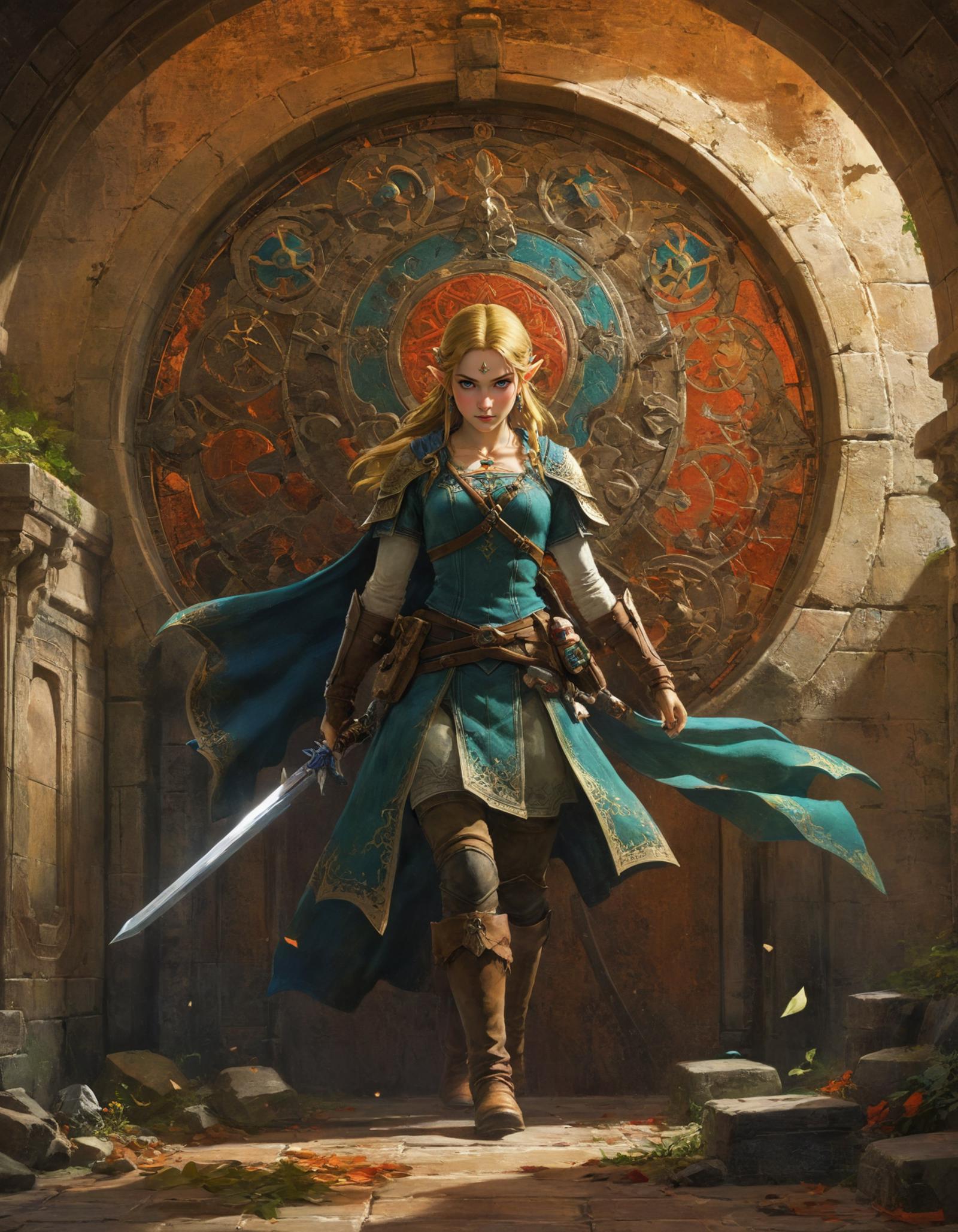 A woman in a fantasy scene, holding a sword and standing in front of a large round window.