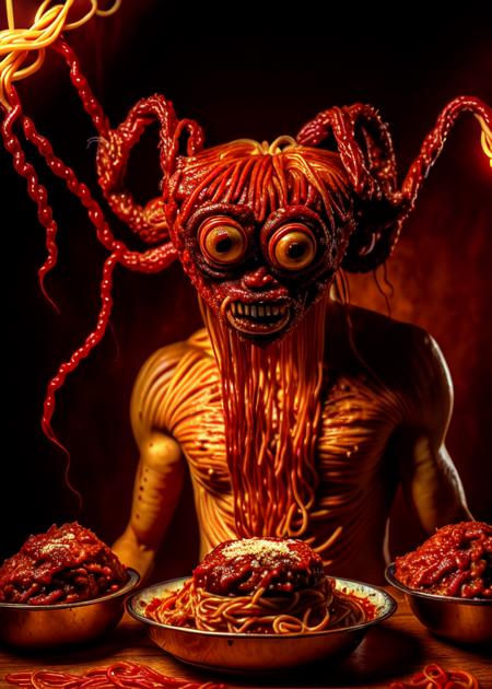 professional photo portrait of the spaghetti demon, the same one that pelted me with meatballs last night in the dream i can't remember