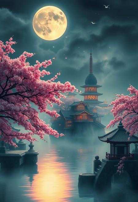 Cherry blossoms and the moon,  passage of time, magical influence, celebration of color, moody, architectural splendor, floating islands, enhanced textures and contours, dreamlike atmosphere, dynamic flux, glowing aura