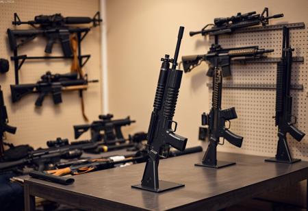 Weapon racks, Modern weapons, Guns, military equipment, Indoors, Weapons on tables, military setting