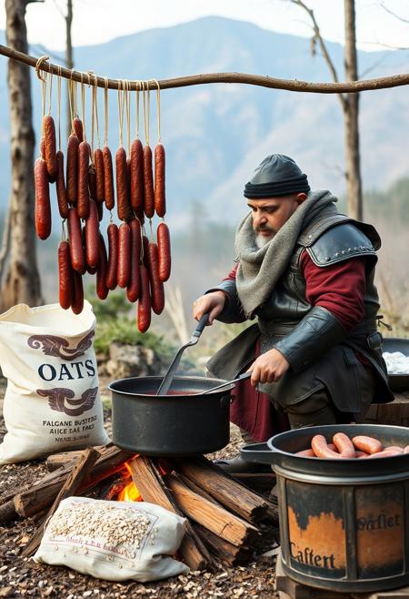 real photo medium format film photo portra 400 full body shot leather armored Habib "Hearty" Harthmut a Lebanese Arab dwarf preparing a blood sausage in a pot on a campfire in the woods, sausages hung up to dry, bag of oats labeled oats, big tub of lard,  mountains in the distance,