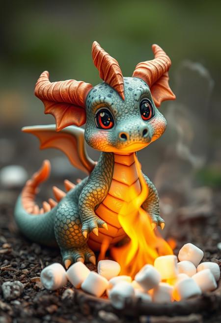cute small dragon using fire breath to roast marshmallows