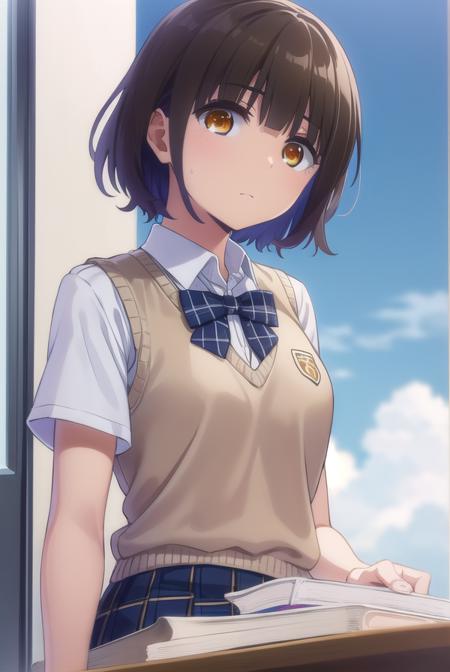 kanatahiga, <lora:kanata higa anime s1-lora-nochekaiser:1>,
kanata higa, short hair, bangs, brown hair, (brown eyes:1.3),
BREAK shirt, bow, school uniform, white shirt, short sleeves, bowtie, blue bow, sweater vest, plaid bow,
BREAK indoors, classroom,
BREAK looking at viewer,
BREAK <lyco:GoodHands-beta2:1>, (masterpiece:1.2), best quality, high resolution, unity 8k wallpaper, (illustration:0.8), (beautiful detailed eyes:1.6), extremely detailed face, perfect lighting, extremely detailed CG, (perfect hands, perfect anatomy),