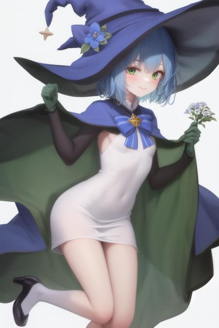 masterpiece, best quality, sharon, 1girl, witch hat, blue hair, short hair, green eys, full body, sharon, 1girl, witch hat, blue hat, blue robe, smile, one eye open, blue hair, short hair, white background, brooch, flower hat decoration, blue ribbon, small dress, white dress, blue bow, green eyes,