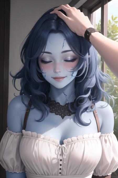 Highly detailed, High Quality, Masterpiece, beautiful, HeadpatPOV, pov, <lora:HeadpatPOV:1>, 1girl, solo, smile, blush, closed eyes, Ranni, wavy hair, blue skin, cracked skin, extra arms, dress, <lora:Char_EldenRing_Ranni:0.9>