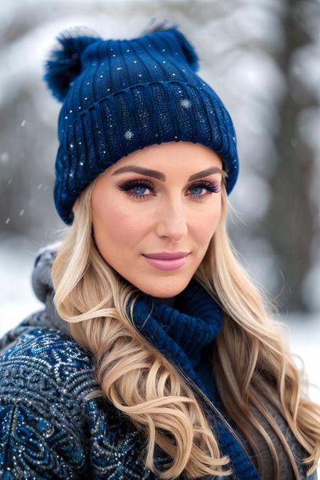 best quality, 4k, 8k, ultra highres, raw photo in hdr, sharp focus, intricate texture, skin imperfections, photograph of Charlotte Flair <lora:CFLairFawzi:0.65> with a dark blue wool beanie and winter scarf in the snow wearing a light brown winter jacket, brunette hair, intricate details, snowing