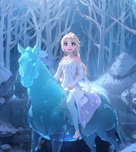 snow_queen_elsa, (blonde hair), <lora:snow_queen_elsa:0.9>, smiling, sitting on nokk_elsa, (nokk_elsa), cinematic light, (masterpiece),