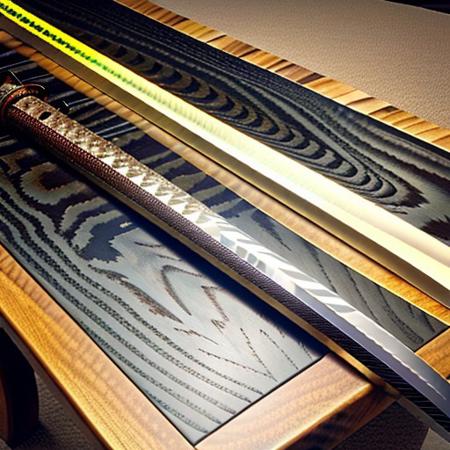 damascus steel sword collection, conducting wooden electricity, 8k extreme detail, on a carbon fiber table,  realistic, perfect, no mistakes, amazing, epic, vibrant colors,