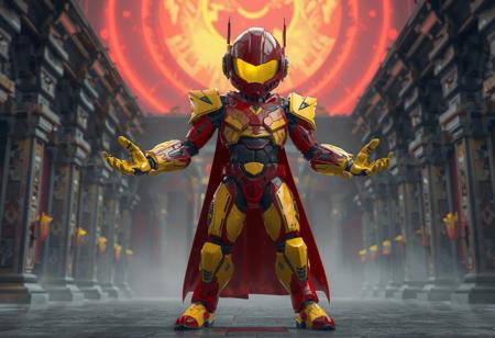 "A high-detail concept art scene featuring a Cyborg Doctor standing confidently against the Zaralaam the Dark Palace background. The Cyborg Doctor is a vibrant mix of red and yellow, with a red helmet featuring a yellow visor. The body is predominantly red, adorned with yellow accents, while the arms and legs are bright yellow, matching the visor. The Cyborg Doctor's arms are outstretched, and its legs are slightly spread, conveying readiness and dynamism. The composition is minimalist, with the Cyborg Doctor as the focal point, drawing the viewer's attention. Rendered in hyper-realistic 3D with Octane Render, the scene showcases lifelike details, sharp lines, and stunning colors. Inspired by contemporary aesthetics and Grammer Effect Style, the image conveys vivid emotions and a powerful message. Trending on ArtStation, 4K, ultra-detailed, and impeccably composed."
