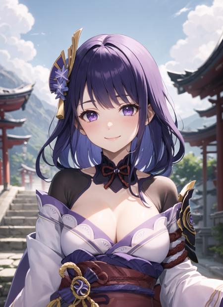 <lora:raidenshogun1-000009:1>, raidenshogundef, upper body, smile, blush, outdoors, day, simple background, blue sky, short hair, sky, temple, looking at viewer, stairs, mountain, moody lighting, facing viewer,