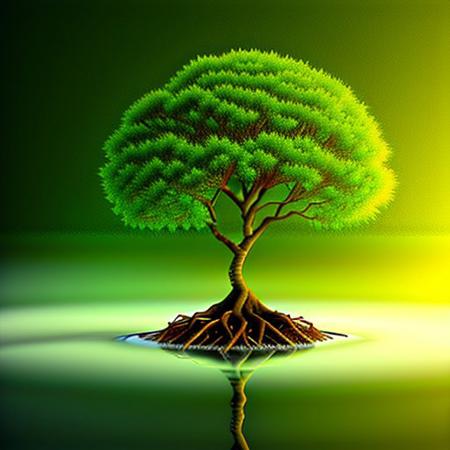highly detailed, high quality, circle shaped tree, tree floating, glowing tree, roots,  transparent water background,