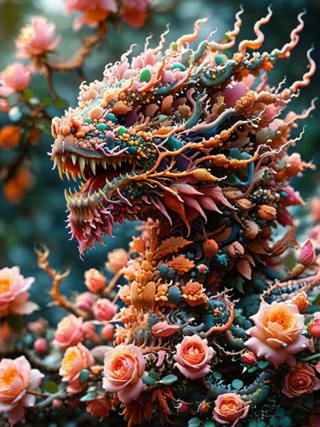 A detailed macro shot of a blooming rose, its petals displaying an array of ral-trichom textures, amidst a soft-focus garden setting <lora:ral-trichome-sdxl:1>,<lora:EnvyBetterHiresFixXL01:0:hr=1>. Fractalvines, A wise old dragon, its scales covered in fractal vines, perched atop a mountain peak, its eyes glowing with ancient knowledge and power. <lora:Fractal_Vines:1>  <lora:quality1:0:hr=1>