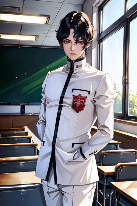 masterpiece, best quality, absurdres, beautiful, classroom
 <lora:hazama:1> hazamaif, black hair, school uniform, gloves, white pants