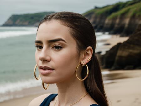 <lora:l1lyc0:1>, Realistic photo of a beautiful l1lyc0 woman, solo, brown hair, brown eyes, jewelry, sitting, earrings, outdoors, parted lips, day, bracelet, lips, beach, hoop earrings, realistic, soft lighting, professional Photography, Photorealistic, detailed, RAW, analog, sharp focus, 8k, HD, DSLR, high quality, Fujifilm XT3, film grain, award winning, masterpiece