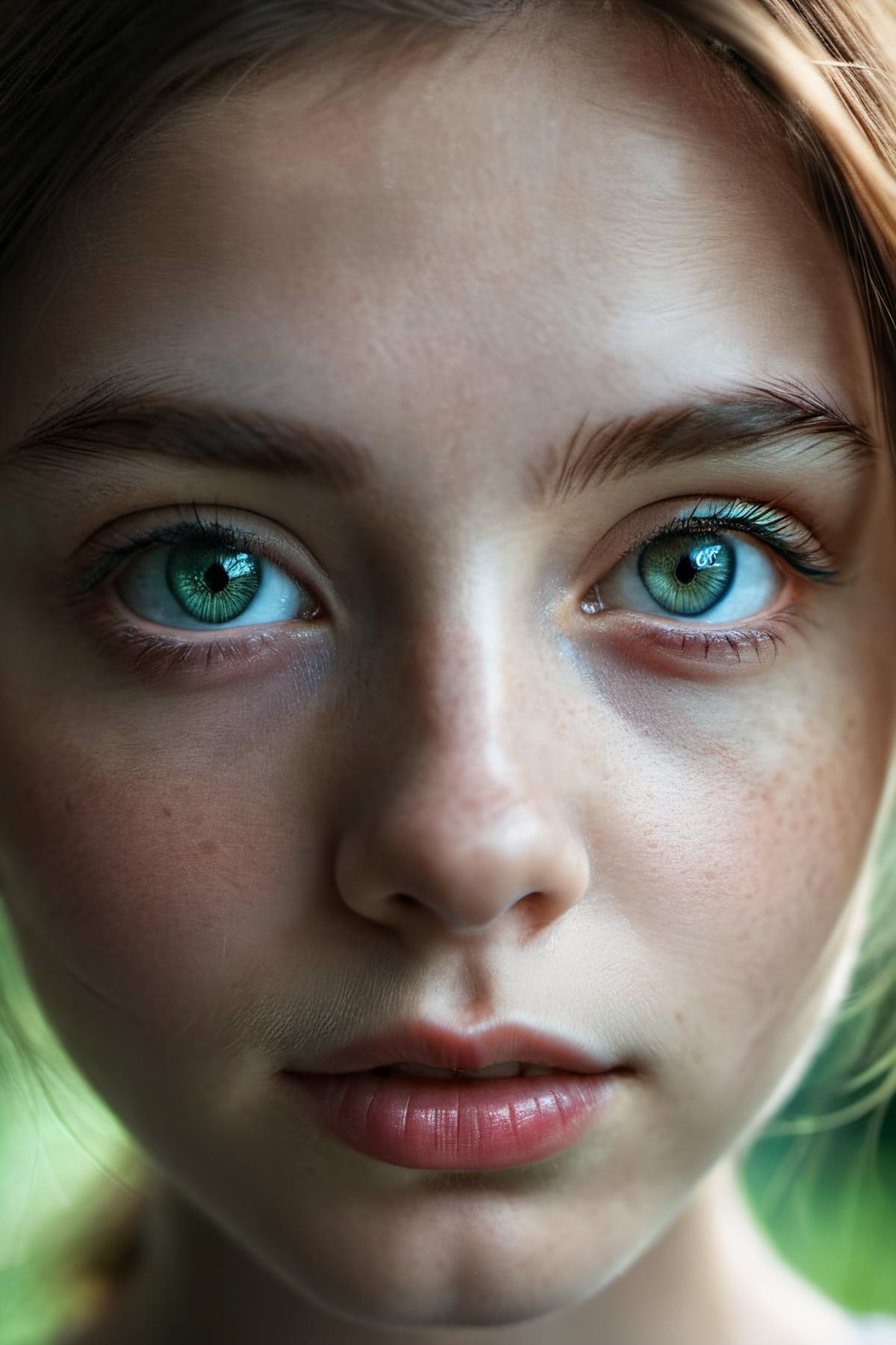 A close-up of a girl's face with green eyes and a nose.