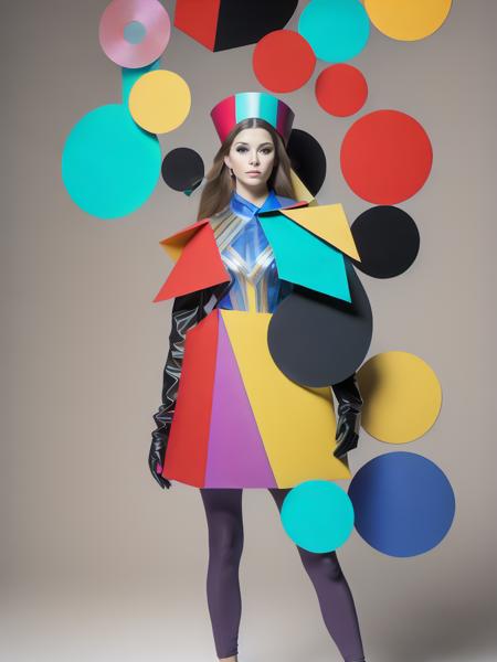 <lora:Avant-gardeFashion:1>a person wearing a costume made out of different colored shapes and sizes of material Avant-garde Fashion