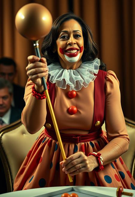 extremely photorealistic ultra-detailed, An intense, photorealistic photography  the vice president Kamala Harris while play with the calvette, she wears a clown dress
