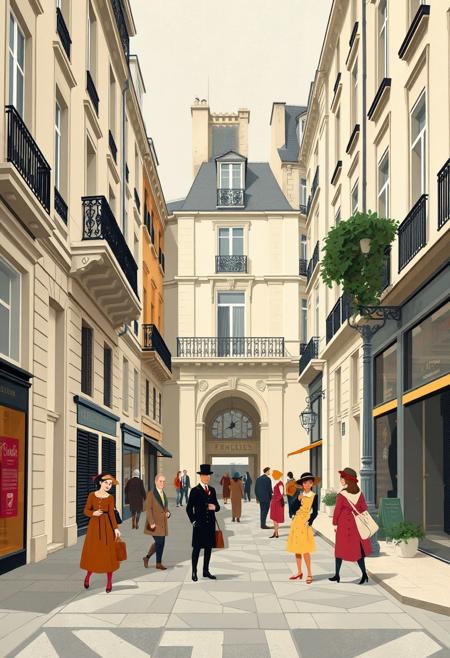 A Parisian street scene where stylized figures interact in a carefully balanced  architectural space, blending vintage nostalgia with modern purity. whimsical vintage-inspired characters infused with structured geometric purity, soft expressive brushwork blending with clean precise modernist forms, warm nostalgic color palettes merging with muted neutral tones, balanced spatial composition with refined clarity