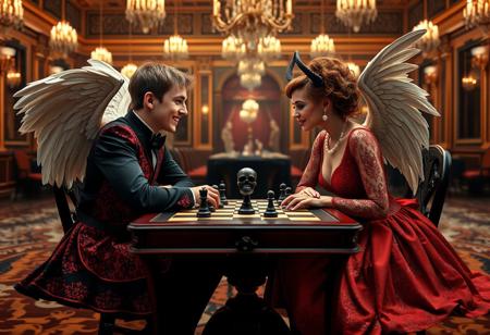 A wide-angle zoomed out view of a (boy angel and a girl demon). They are seated across from each other at a table playing in a very large formal ballroom, harsh lighting. Frozen Halloween theme brings to mind endless battle of Good versus evil.
In the foreground: ((the angel and demon have a 64 square chess board between them)) on the table the pieces set to the side, they are smiling at each other. 
The demon girl is beautiful with high cheekbones and perfect fair skin and bright red eyes and a flirty smile sharp teeth and tiny devil horns, she has the toned skinny body of a ballroom dancer and curly auburn hair tied in an updo showing off pearl earrings and a graceful neck, she is wearing a scandalous ((tight fitting lacy red and black silk dress with a deep plunging neckline and a short skirt split up one side to her hip)), (( the dress barely contains her very large breasts, lots of cleavage)), she is wearing an intricate (black skull necklace) with a square diamond crusted blood red Ruby amulet that hangs down between her breasts. (She is holding a rocker glass of whiskey). 
The ((boy angel is wearing a bright white suit)) with a (white shirt and a gold necktie), he is slender but does not look athletic. 
In the background of the image: ( lots of party guests are dressed in white black gold and red formal gowns and suits). a ghostly jazz band is playing, excited, intricate detail, depth of field, best quality, (((cartoonish))),