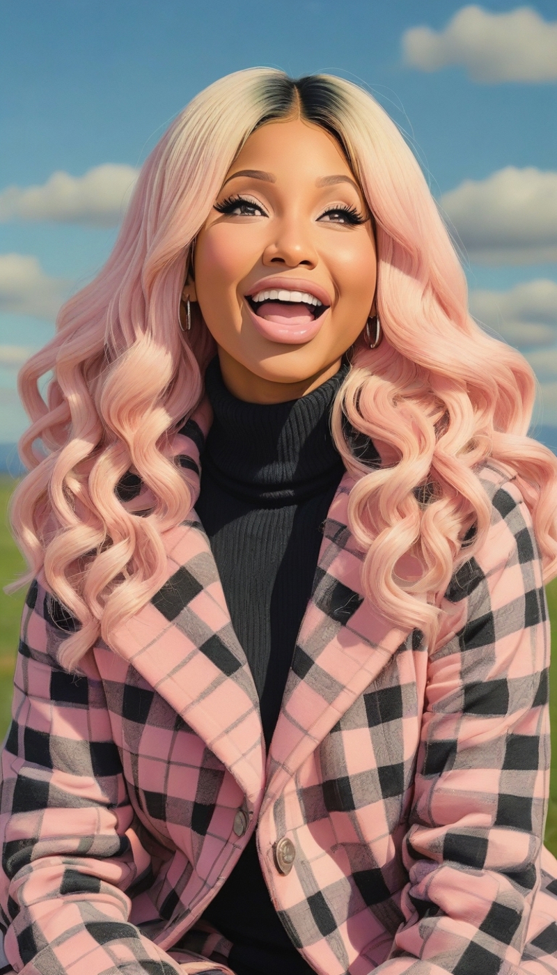 A woman with pink hair wearing a pink plaid coat smiles.